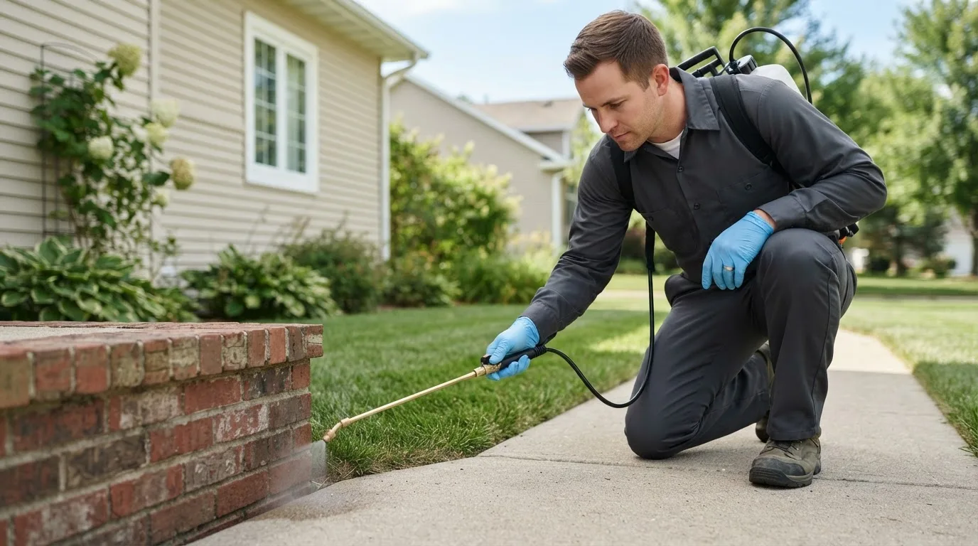 Pest control technician treating a home near Delong, IN