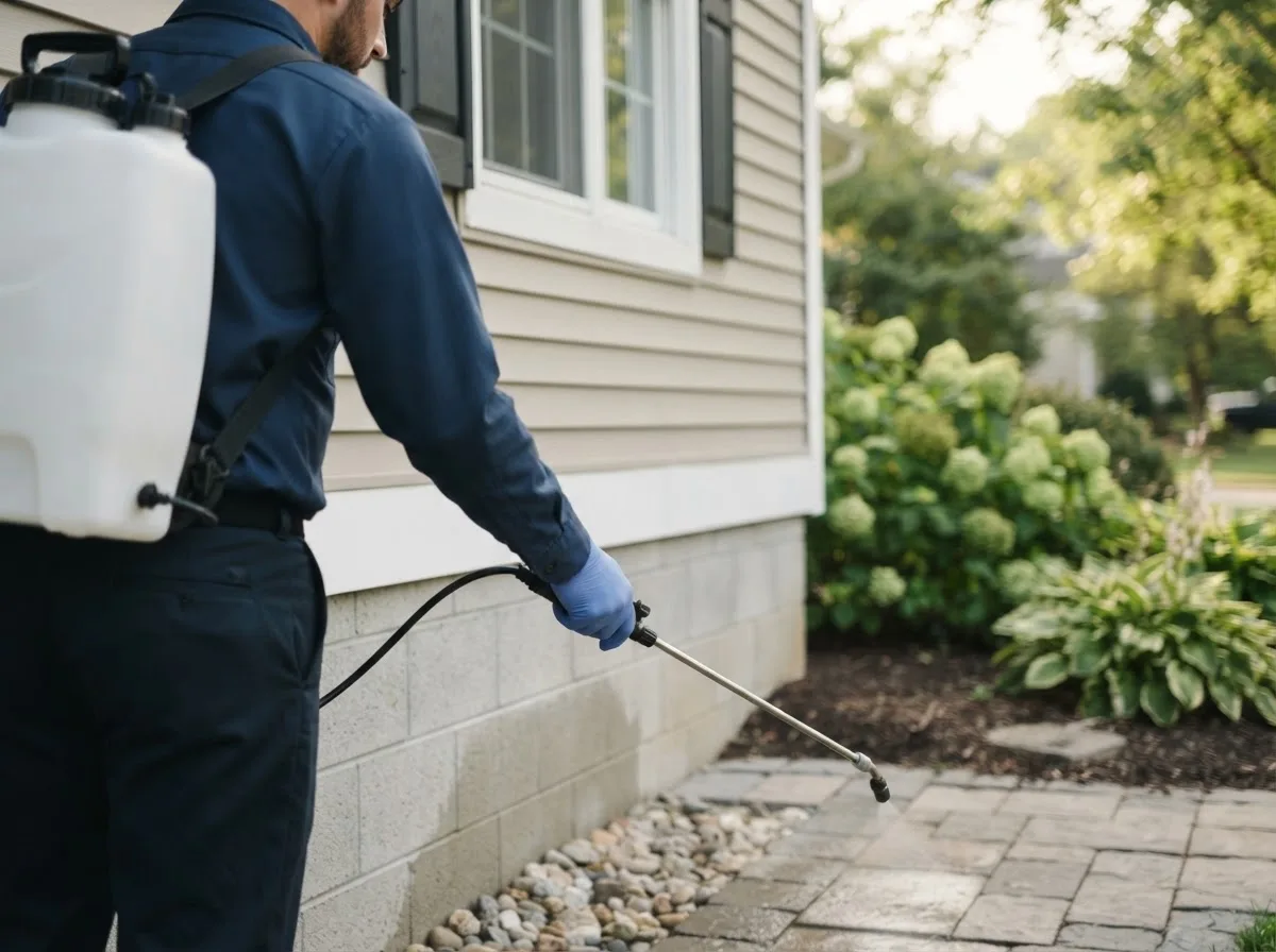 Pest control technician inspecting a home in Delong, IN